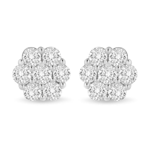 14K White Gold 3 cttw Prong Set Round - Cut Diamond Floral Cluster Stud - Ontymer