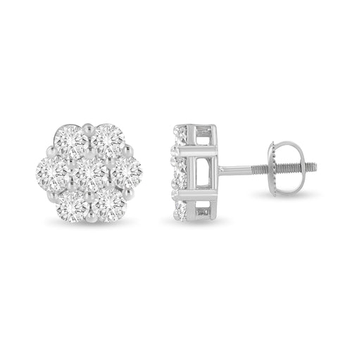 14K White Gold 3 cttw Prong Set Round - Cut Diamond Floral Cluster Stud - Ontymer