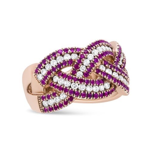 18K Rose Gold Red Ruby and 7/8 Cttw Diamond Woven Braided Band Ring - Ontymer