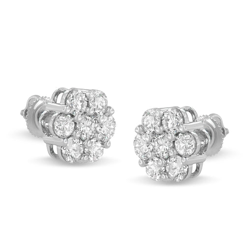 14K White Gold 3 cttw Prong Set Round - Cut Diamond Floral Cluster Stud - Ontymer
