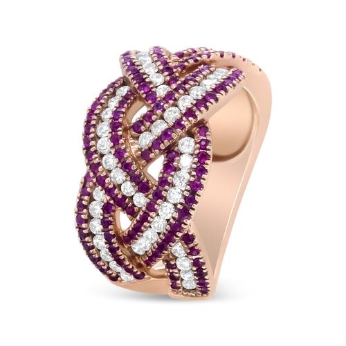 18K Rose Gold Red Ruby and 7/8 Cttw Diamond Woven Braided Band Ring - Ontymer