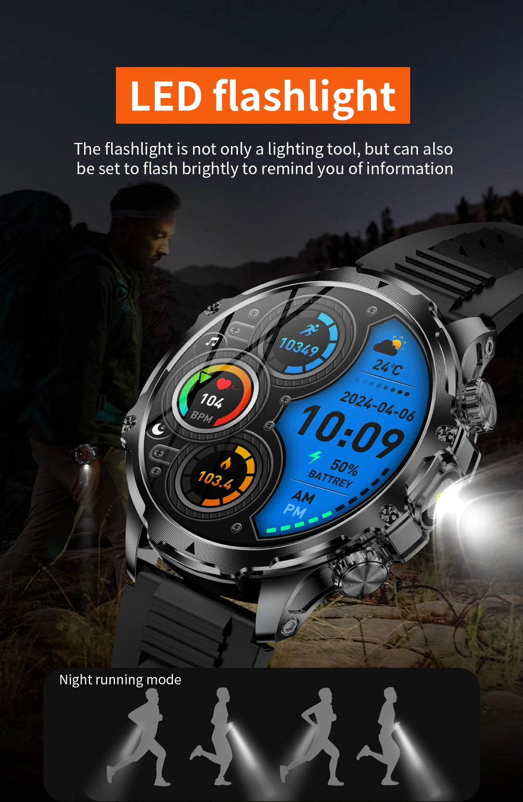 AK75 Smart Watch Flashlight 1.9inch Men Outdoors Sports Fitness Tracker 700mah Large Battery BT Calling LED Light Smartwatch - Ontymer