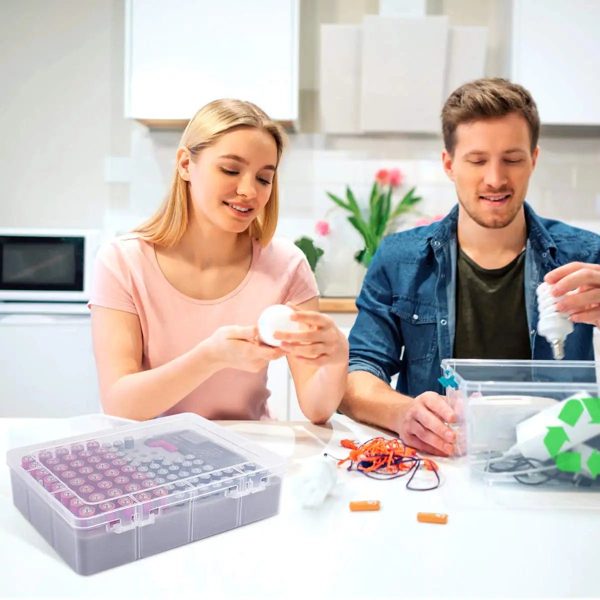 Battery Storage Organizer Box with Battery Tester, Garage Caddy Case Holder Container Bag Holds 90+ Batteries 40 AA - Ontymer