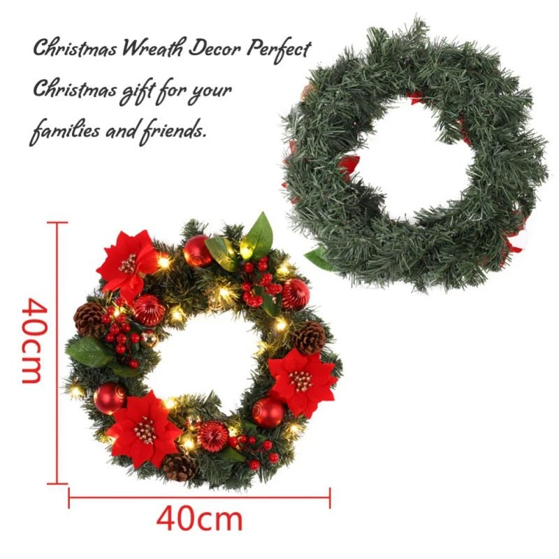 1PC Christmas Front Door Wreath Outdoor Indoor Artificial Green Leaves Lifelike Wreath Home Decoration Batteries Not Included - Ontymer