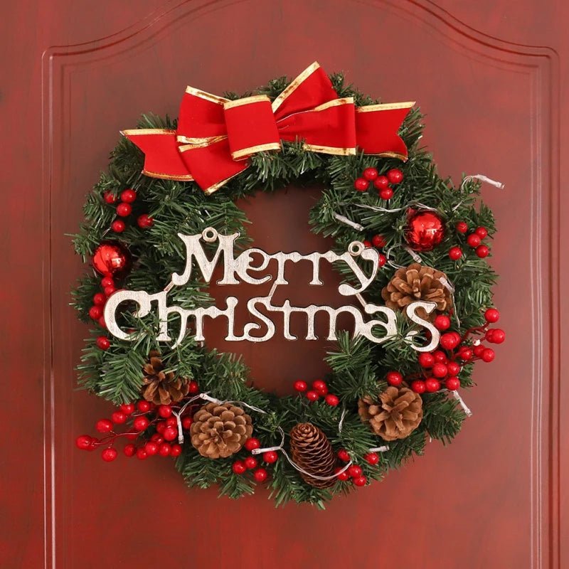 1PC Christmas Front Door Wreath Outdoor Indoor Artificial Green Leaves Lifelike Wreath Home Decoration Batteries Not Included - Ontymer