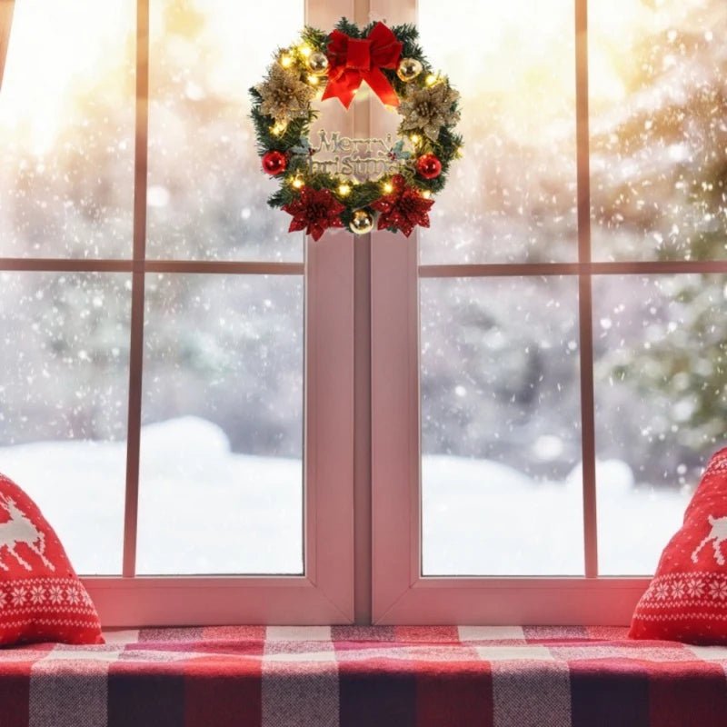 1PC Christmas Front Door Wreath Outdoor Indoor Artificial Green Leaves Lifelike Wreath Home Decoration Batteries Not Included - Ontymer